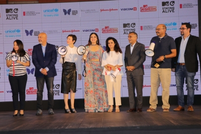 Mumbai: Actress Bhumi Pednekar, Viacom 18 Group CEO and MD Sudhanshu Vats, MTV Staying Alive Foundation Executive Director Georgia Arnold and other dignitaries at the launch of fictional series 