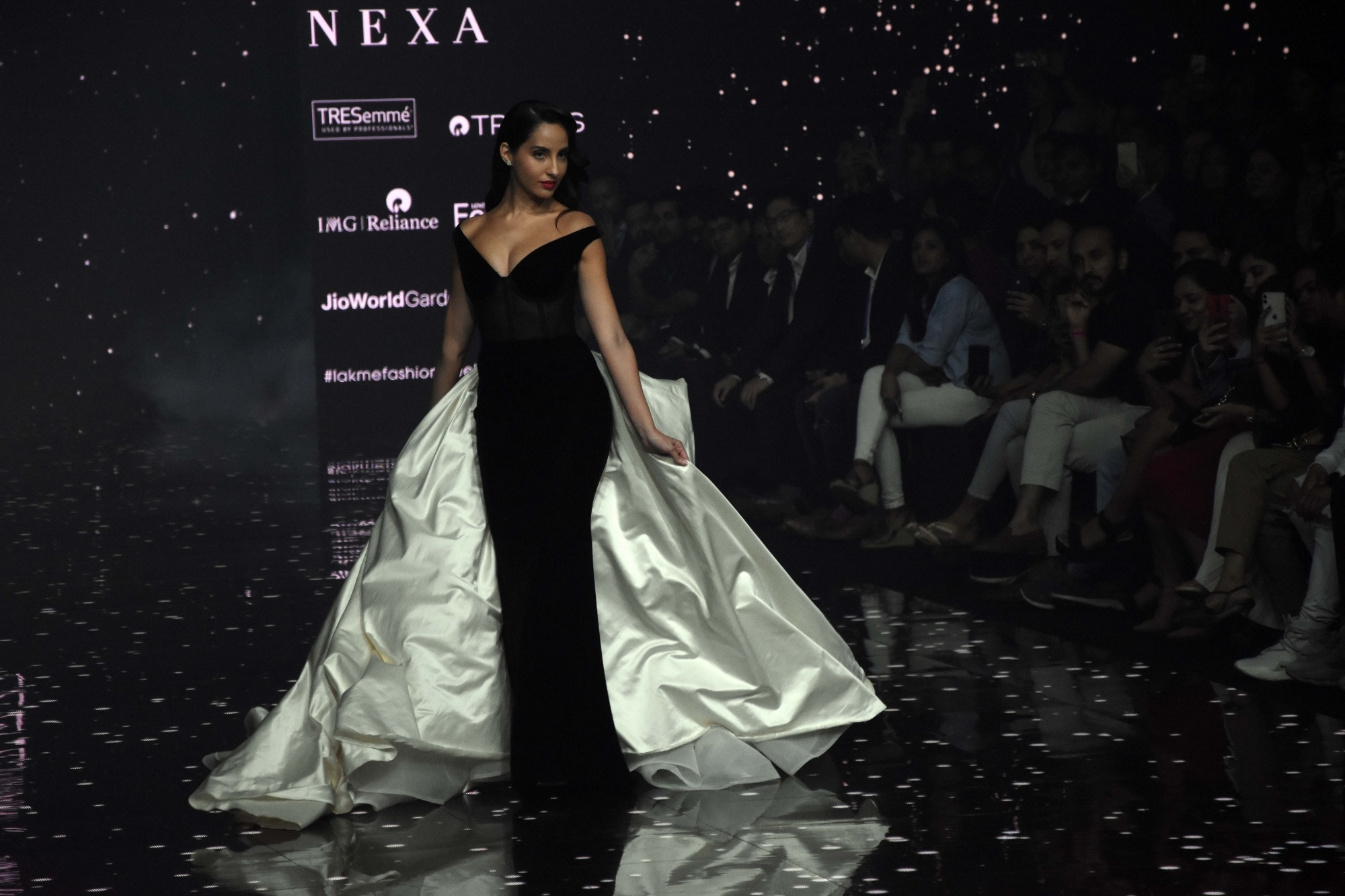 Mumbai: Actress Nora Fatehi showcases the creation of Fashion designer Gaurangi & Nainika at the Lakme Fashion Week Summer/Resort 2020, in Mumbai on Feb 14, 2020. (Photo: IANS)