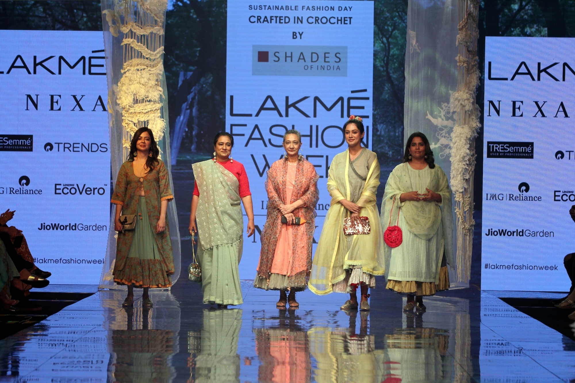 Mumbai: Awaaz Foundation founder and anti-noise pollution activist Sumaira Abdulali held a "decibel meter' and walked the ramp at the Lakme Fashion Week for Shades of India's 'Crafted in Crochet' by tribal women, in Mumbai on Feb 14, 2020. Also seen rally racer driver Garima Avtar, bartender Ami Shroff, environmentalist Sumaira Abdulali, costume designer Ekta Lakhani and columnist Aparna Piramal. (Photo: IANS)