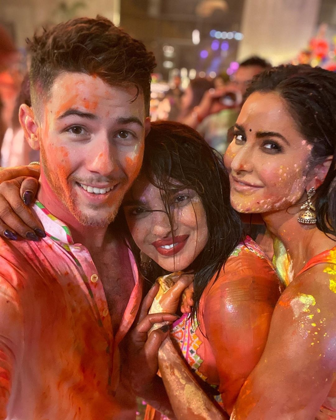 American singer Nick Jonas celebrated his first Holi with his wife Priyanka Chopra and her famous friends, including Bollywood actress Katrina Kaif, five days early, "in his second home" India.
