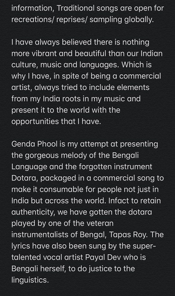 Badshah's statement on his song 'Genda Phool'.