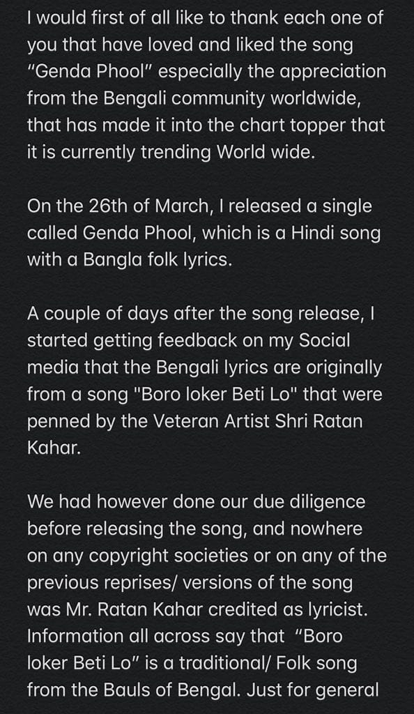 Badshah's statement on his song 'Genda Phool'.