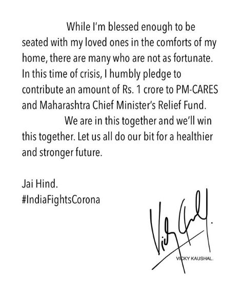 Bollywood actor Vicky Kaushal is donating Rs 1 crore to Prime Minister Narendra Modi's relief fund and Chief Minister's (Maharashtra) relief fund, to lend support to the ongoing battle with COVID-19 pandemic.