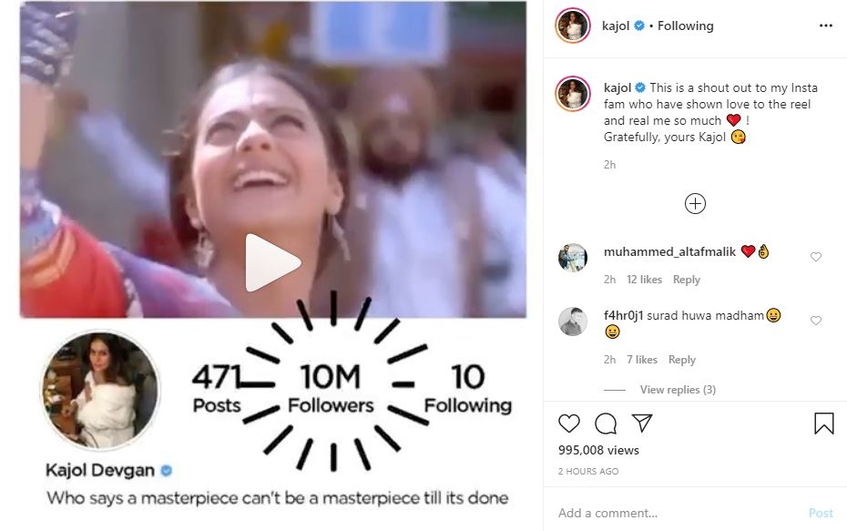 Kajol crosses 10-million mark on Insta, thanks fans the 'K3G' way.
