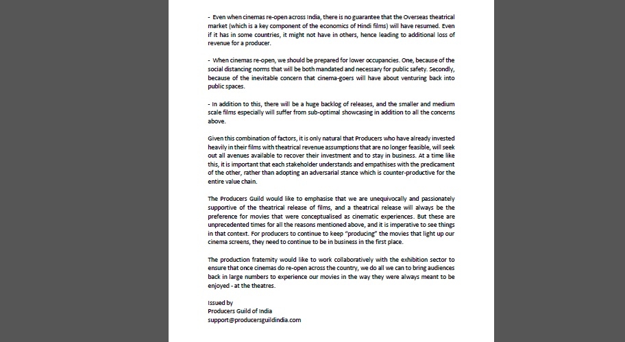 Producers Guild disappointed with 'unconstructive messaging' by exhibition sector.