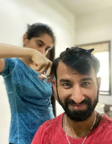 Pujara gets haircut from wife, shares funny post on social media.