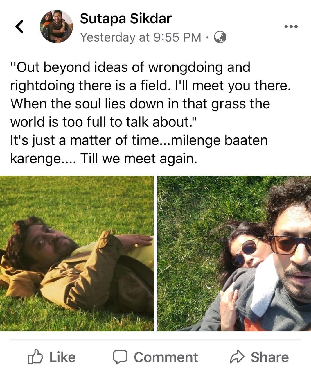 Irrfan's wife shares throwback pic of actor: Till we meet again.