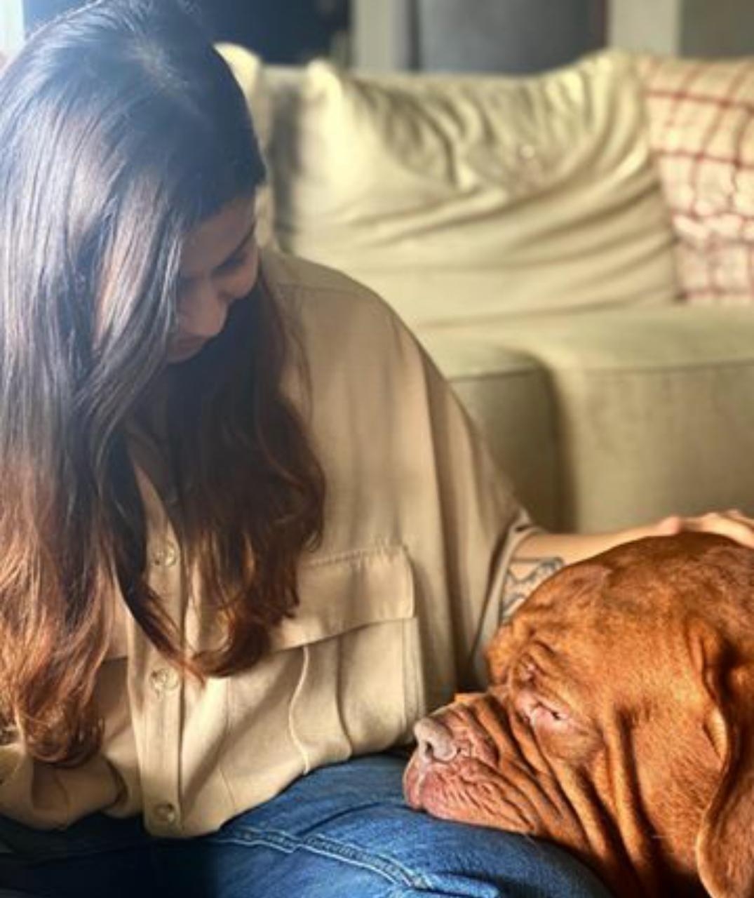 Alia Bhatt poses with Ranbir's pet dog.