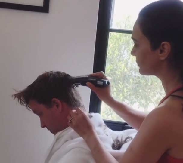 Preity gives 'hubby' Gene a 'good enough' haircut.