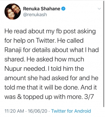 Renuka Shahane thanks Akshay Kumar.