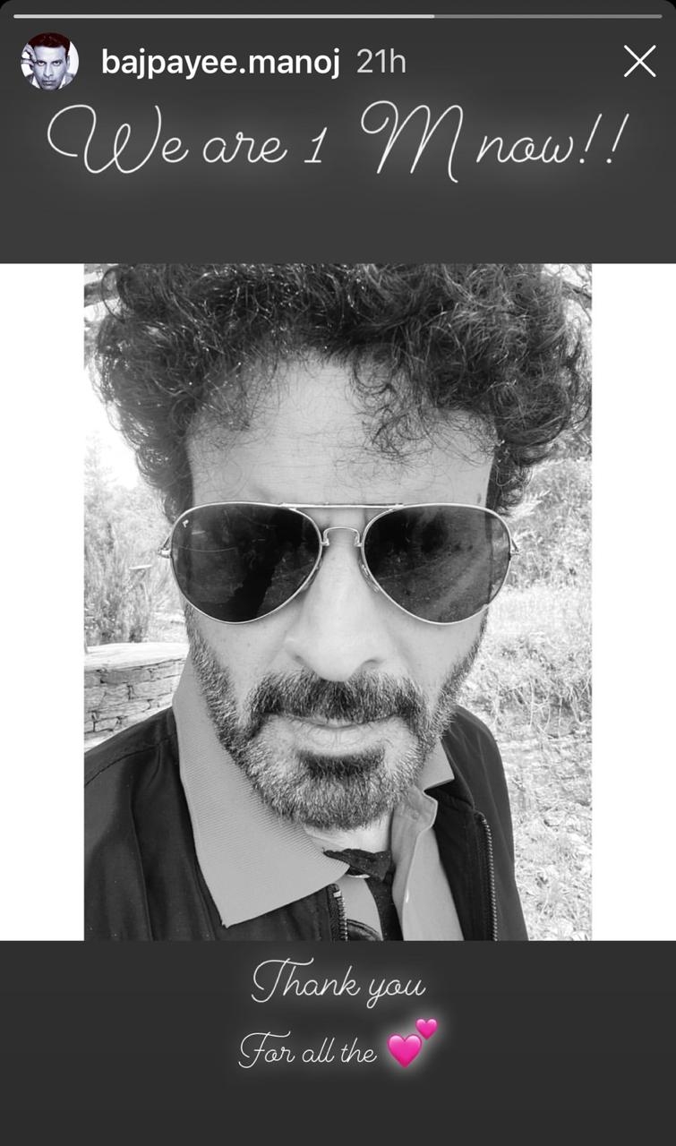 Manoj Bajpayee gets one million Instagram followers.