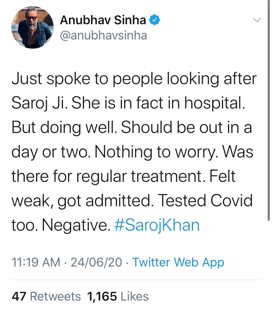 Anubhav Sinha: Saroj Khan is doing well, nothing to worry.