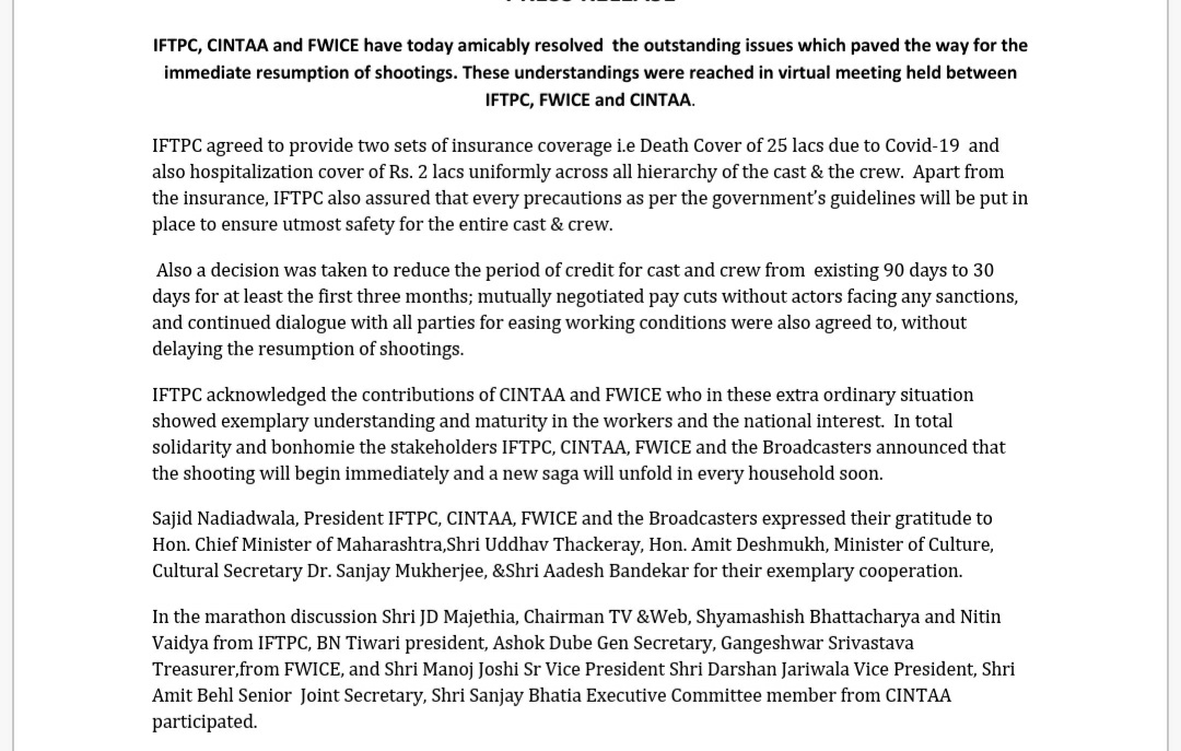 IFTPC, CINTAA, FWICE resolve issues, shooting to resume soon.