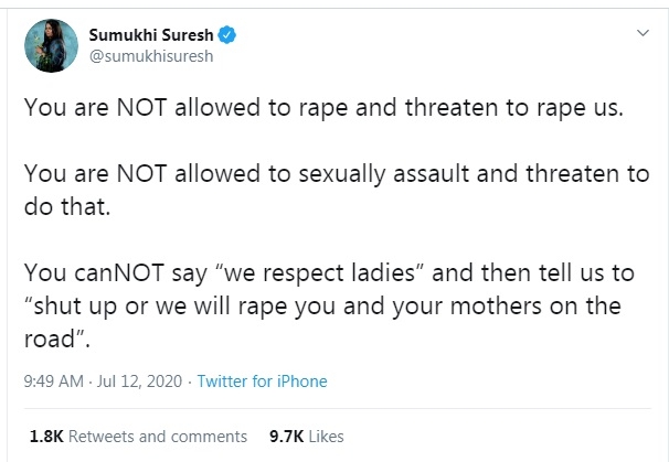 Sumukhi Suresh condemns rape threats on female comics.