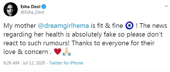 Esha Deol debunks rumours of Hema Malini's ill health.
