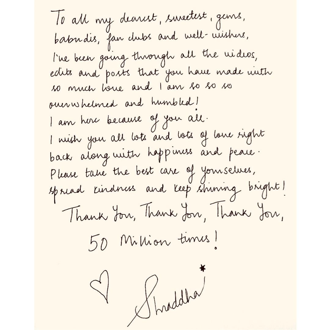 Shraddha Kapoor thanks her fans through handwritten note in three languages!