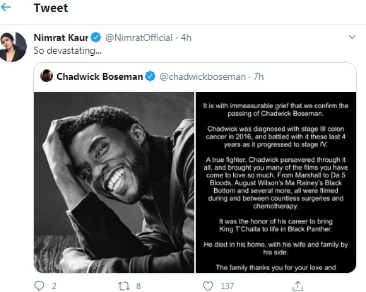 Bollywood pays tribute to 'Black Panther' star Chadwick Boseman.