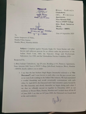 Rhea files police complaint against Sushant