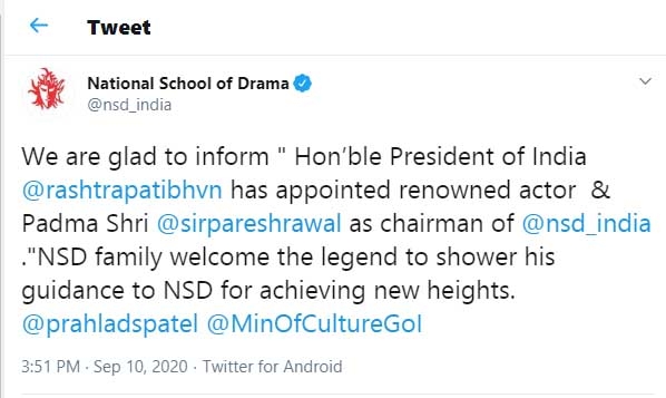 Paresh Rawal appointed National School of Drama chairman.