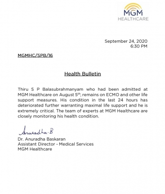 Veteran singer SP Balasubrahmanyam critical