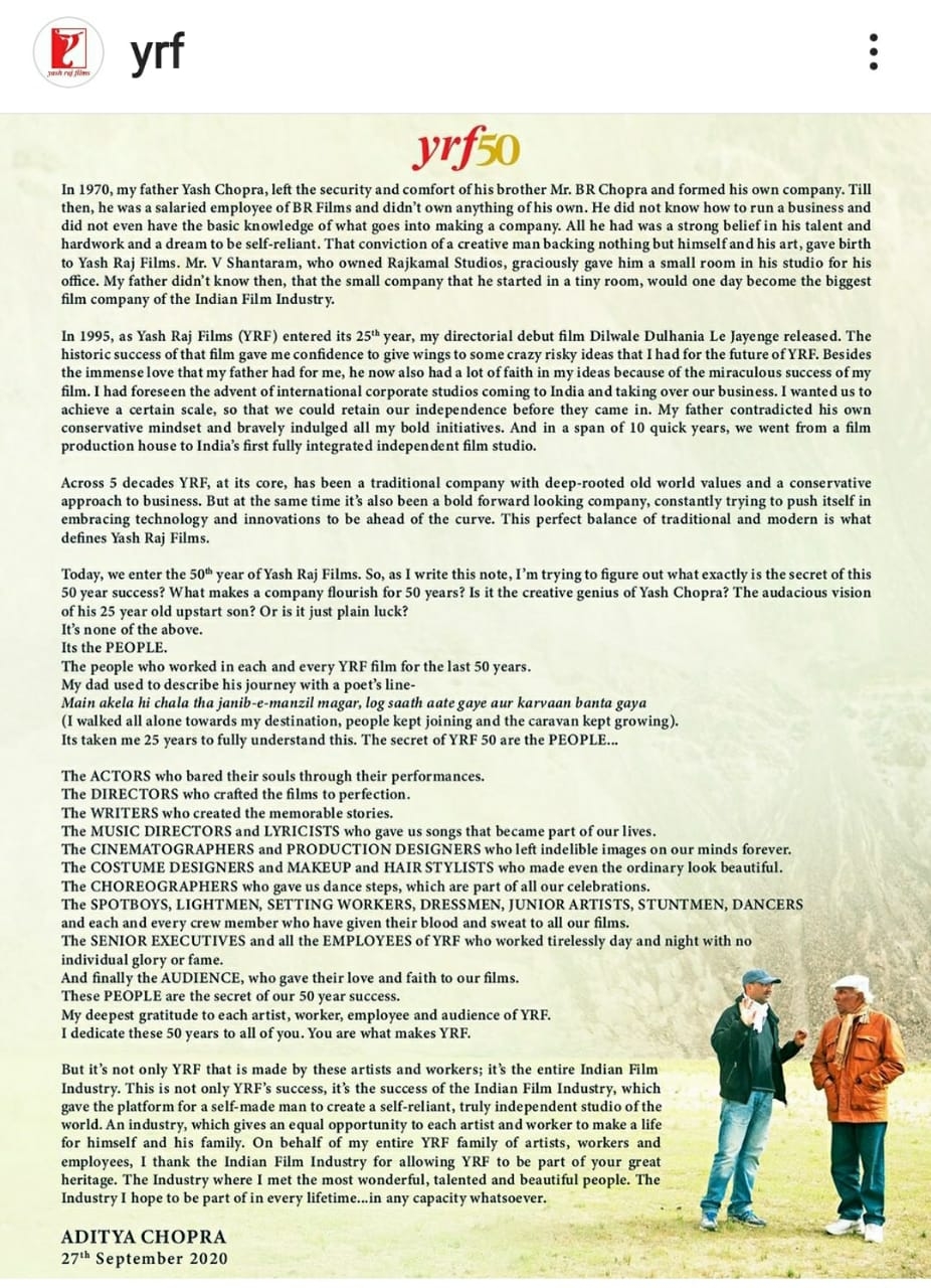 50 yrs of YRF: Aditya Chopra remembers father Yash Chopra.