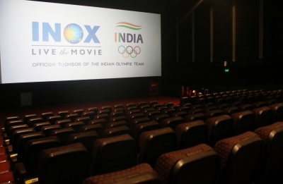 New Delhi: Precautions against COVID-19 in place at the INOX cinema hall in New Delhi on Oct 13, 2020. Cinema halls in the national capital shall reopen from October 15 amid the Covid-19 pandemic as part of Unlock 5.0. (Photo: IANS)
