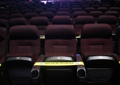 New Delhi: Precautions against COVID-19 in place at the INOX cinema hall in New Delhi on Oct 13, 2020. Cinema halls in the national capital shall reopen from October 15 amid the Covid-19 pandemic as part of Unlock 5.0. (Photo: IANS)