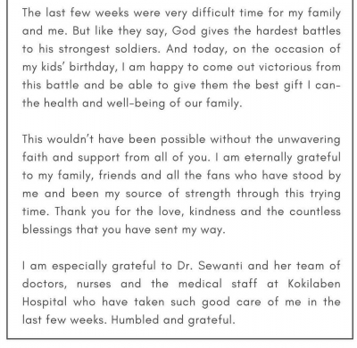 Sanjay Dutt defeats cancer, issues statement with health update.