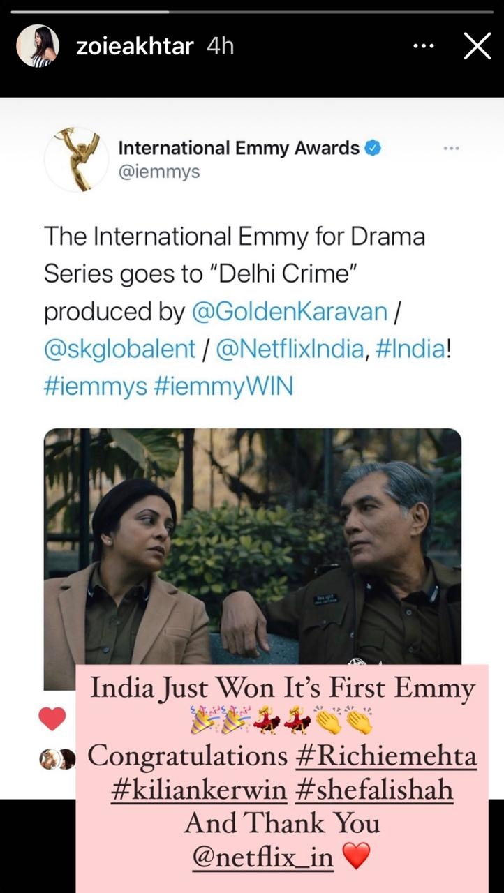 Bollywood congratulated team 'Delhi Crime' on international Emmy win.