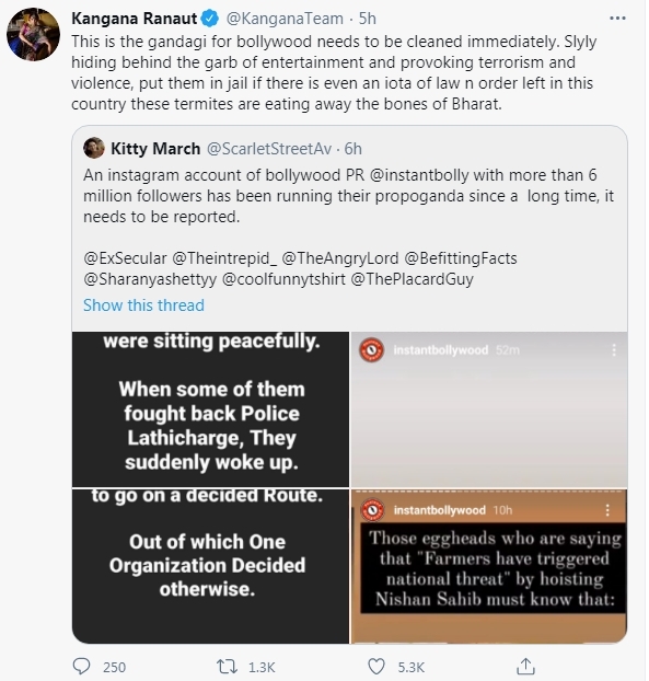 Kangana alleges 'gandagi' in Bollywood as she slams farmers' stir violence