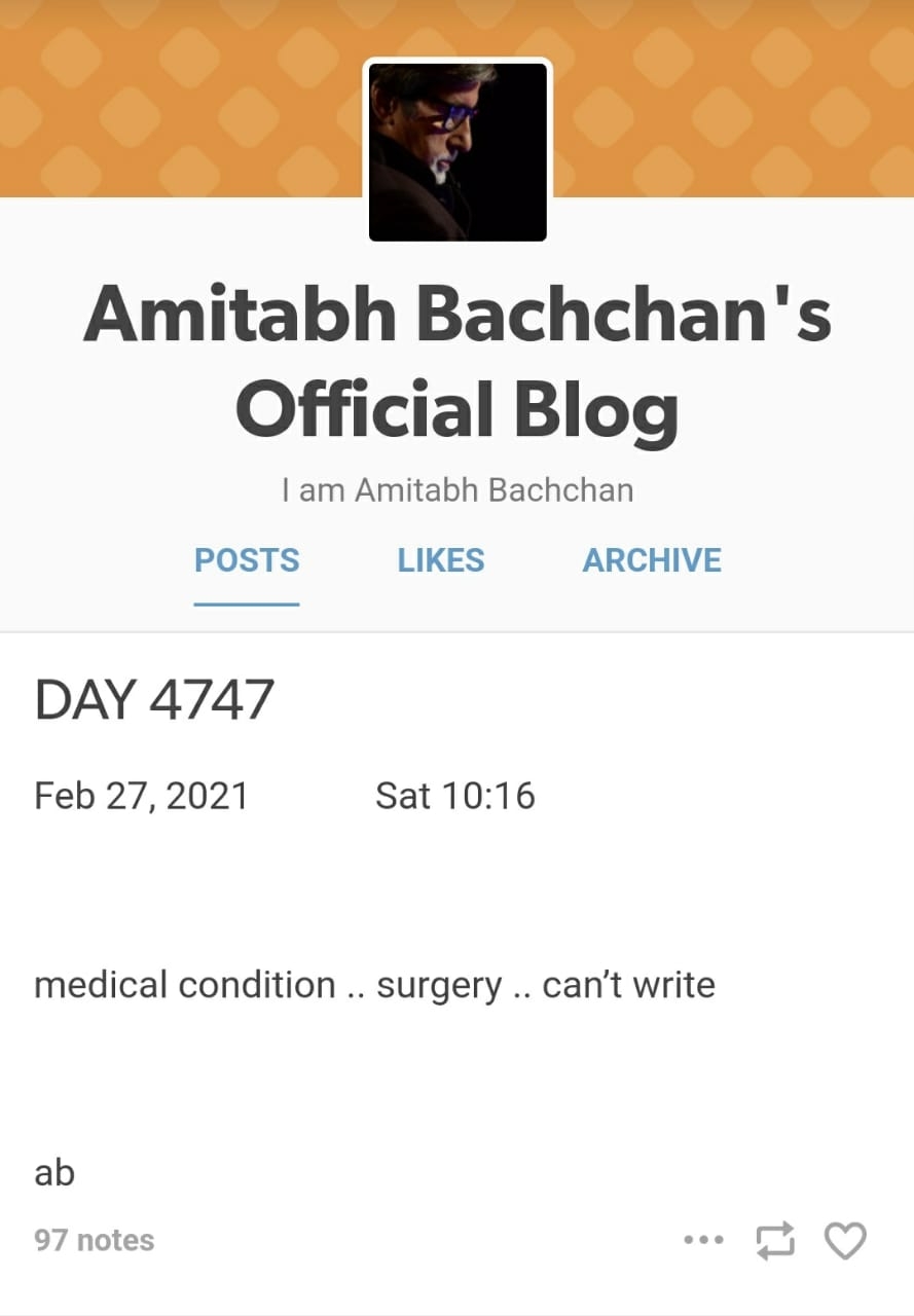 Big B blogs about 'medical condition', mentions 'surgery'