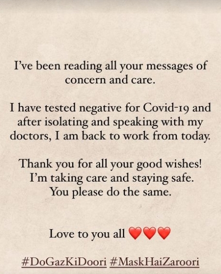 Alia Bhatt: 'Have tested negative for Covid-19'.(photo:Instagram)