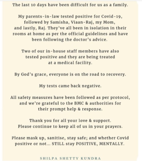 Shilpa Shettyâ€™s family tests positive for covid, actress tests negative