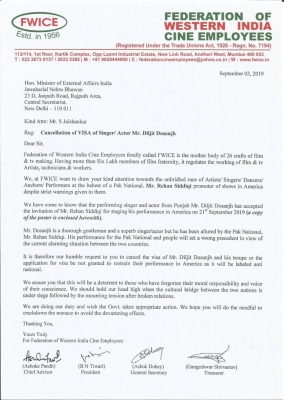 Singer-actor Diljit Dosanjh, who was scheduled to perform in the US on September 21 at a show promoted by Pakistani national Rehan Siddiqi, has been asked by the Federation of Western India Cine Employees (FWICE) to ÃƒÂ¢Ã‚Â€Ã‚Âœcancel his commitment in the interest of sentiments and dignity