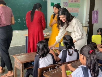Actress Sanjana Sanghi on Thursday took out time from work to spend the day with underprivileged children in Mumbai.