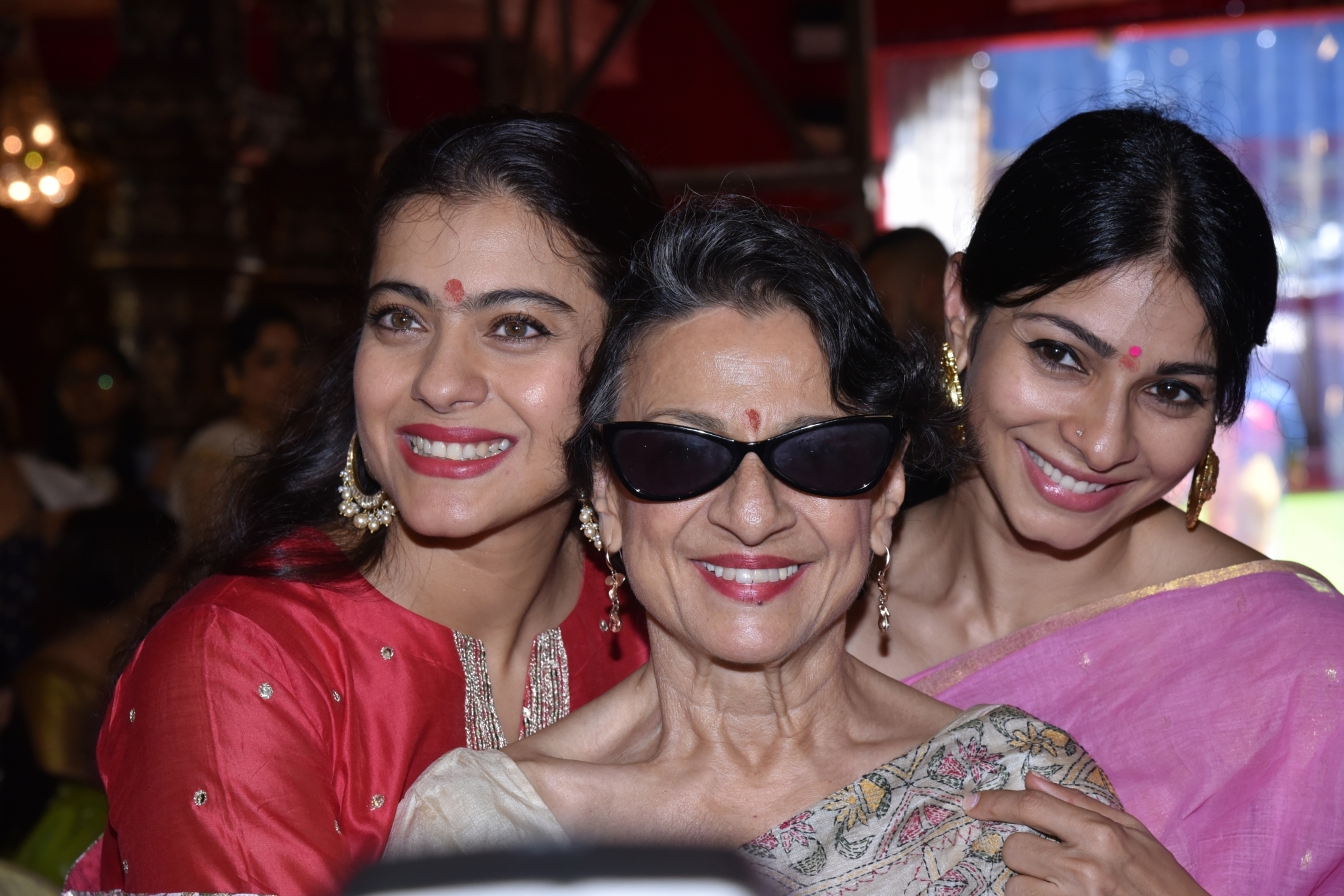 Mumbai: Actresses Kajol and Tanishaa Mukerji with thier mother Tanuja at a Durga Puja pandal in Juhu Mumbai on Oct 4, 2019. (Photo: IANS)