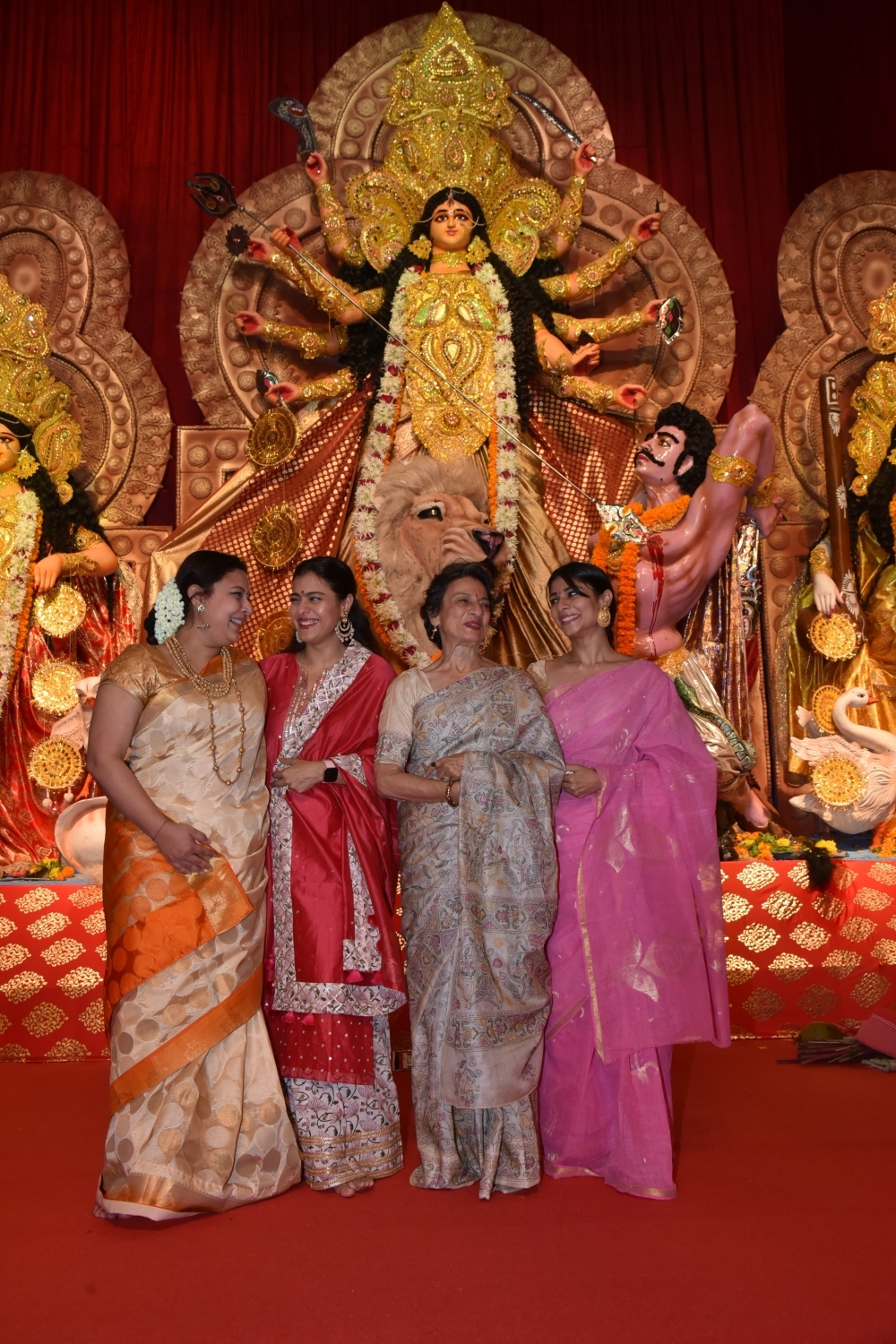 Mumbai: Actresses Kajol and Tanishaa Mukerji with thier mother Tanuja at a Durga Puja pandal in Juhu Mumbai on Oct 4, 2019. (Photo: IANS)