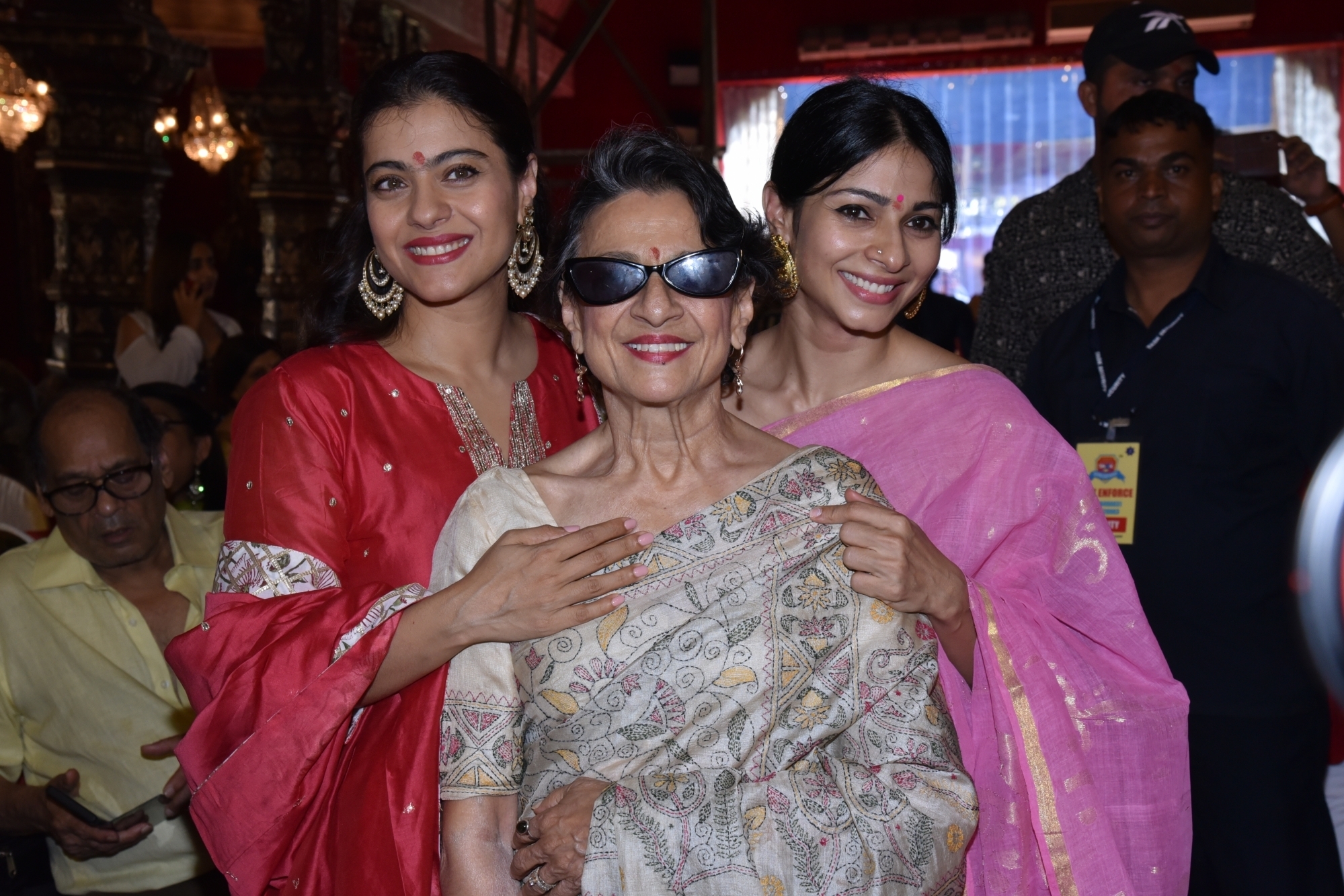 Mumbai: Actresses Kajol and Tanishaa Mukerji with thier mother Tanuja at a Durga Puja pandal in Juhu Mumbai on Oct 4, 2019. (Photo: IANS)