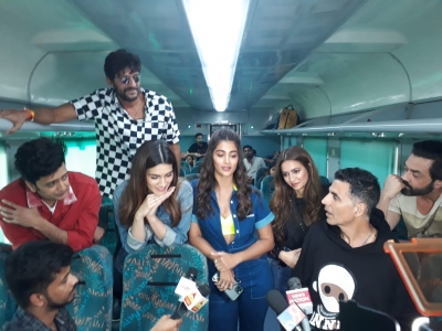 Mumbai: Actors Akshay Kumar, Riteish Deshmukh, Bobby Deol, Kriti Sanon, Pooja Hegde, Kriti Kharbanda and Chunky Panday travel by a special promotional train from Mumbai to Delhi as part of 