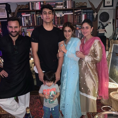 Taking a break from her busy shoot schedule, actress Sara Ali Khan celebrated Diwali with her father Saif Ali Khan, actress Kareena Kapoor Khan, Ibrahim Ali Khan and Taimur Ali Khan.