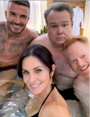 Actress Courtney Cox posted two photographs on social media with former football superstar David Beckham on the set of 