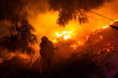 LOS ANGELES, Oct. 29, 2019 (Xinhua) -- A firefighter works near Getty Center in Los Angeles, the United States, Oct. 28, 2019. Thousands of residents were forced to evacuate their homes after a fast-moving wildfire erupted early Monday morning near the famous Getty Center in Los Angeles in the western U.S. state of California. (Photo by Qian Weizhong/Xinhua/IANS)