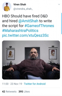 Since Saturday afternoon, the hashtag #GameofThrones started trending on Twitter because netizens are comparing the current political scenario of Maharashtra to the American fantasy drama television series dealing with power play.