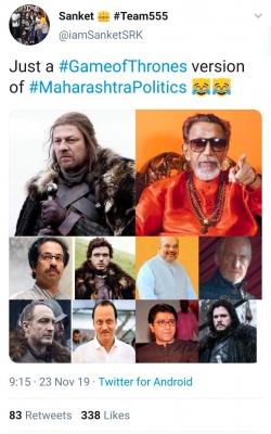 Since Saturday afternoon, the hashtag #GameofThrones started trending on Twitter because netizens are comparing the current political scenario of Maharashtra to the American fantasy drama television series dealing with power play.