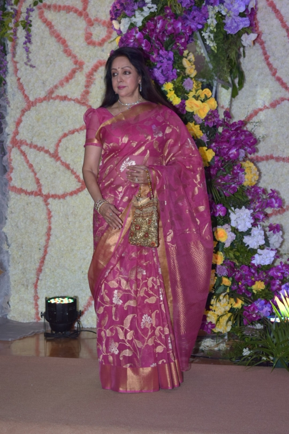 Mumbai: Actress Hema Malini at the wedding reception of filmmaker Sooraj Barjatya's son Devaansh Barjatya in Mumbai on Nov 29, 2019. (Photo: IANS)