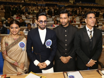 New Delhi: Actors Keerthy Suresh, Ayushmann Khurrana, Vicky Kaushal and Akshay Kumar during 66th National Film Awards in New Delhi on Dec 23, 2019. (Photo: Amlan Paliwal/IANS)