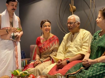 Actress Nehha Pendse is set to tie the knot with Shardul Singh Bayas, whom she describes as the man of her dreams. Photos from grahmukh pooja, prove that she is going to be one happy bride.