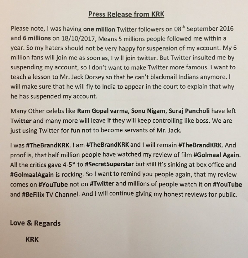 KRK's Press Release