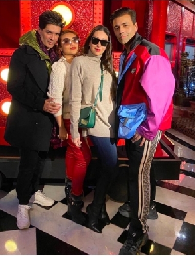 After holidaying amid the Swiss snow, Karisma Kapoor has travelled to London to welcome the New Year 2020 in style. And guess what, she also bumped into Rani Mukerji with hubby Aditya Chopra, besides Karan Johar and designer Manish Malhotra in London!