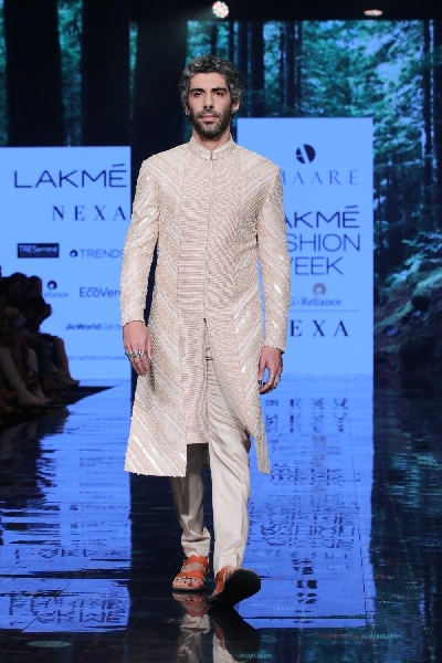 Mumbai: Actor Jim Sarbh walks the ramp showcasing an outfit from fashion designer Sahib Bhatia's label Amaare at the Lakme Fashion Week Summer/Resort 2020 grand finale, in Mumbai on Feb 16, 2020. (Photo: IANS)